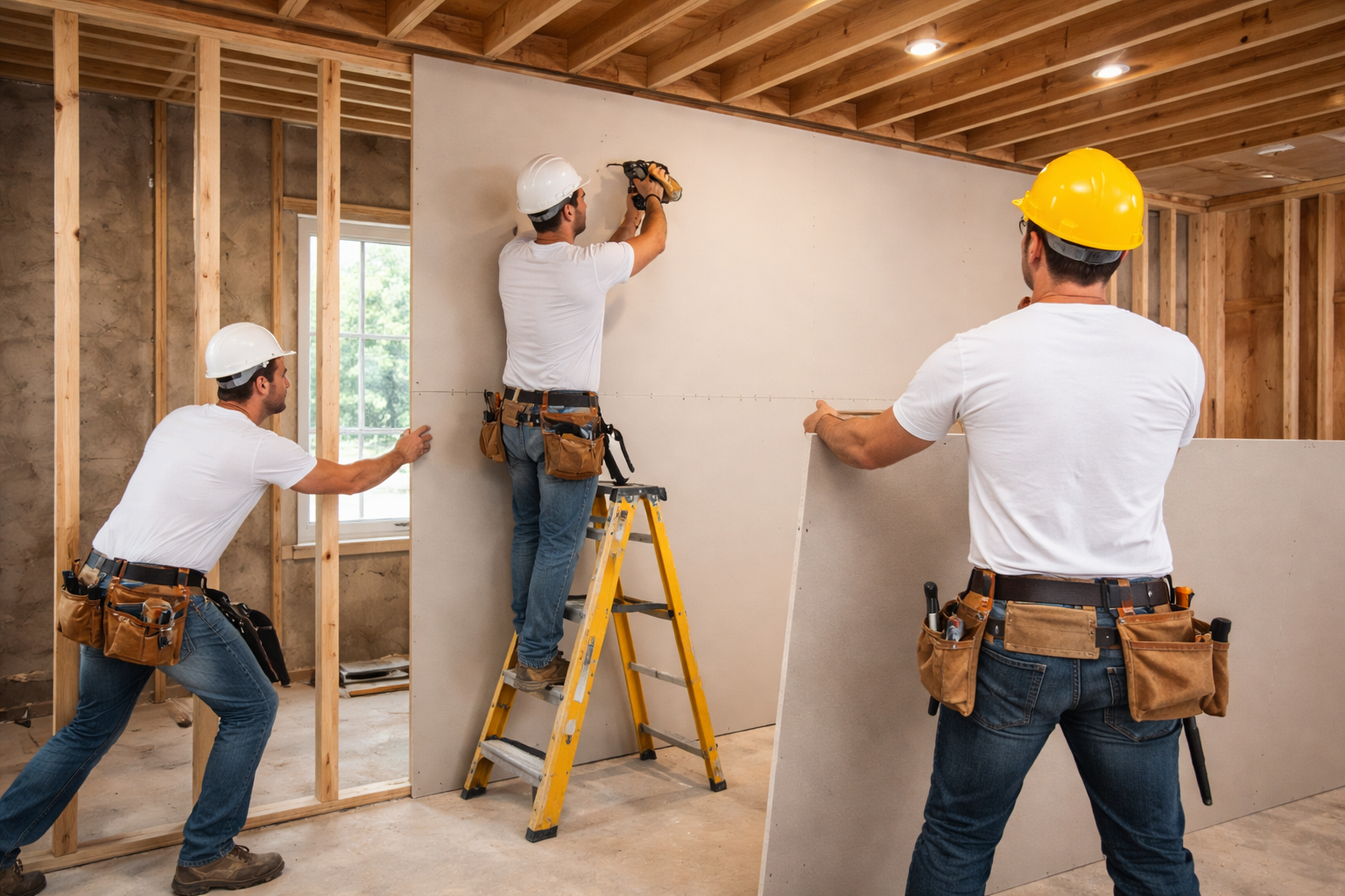 Drywall installation crew working indoors